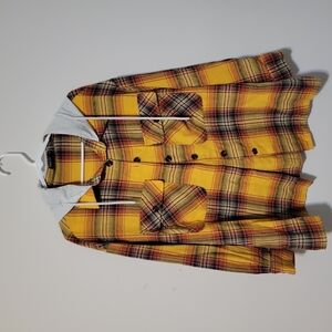 Yellow Plaid Button-Up Shirt with Hood